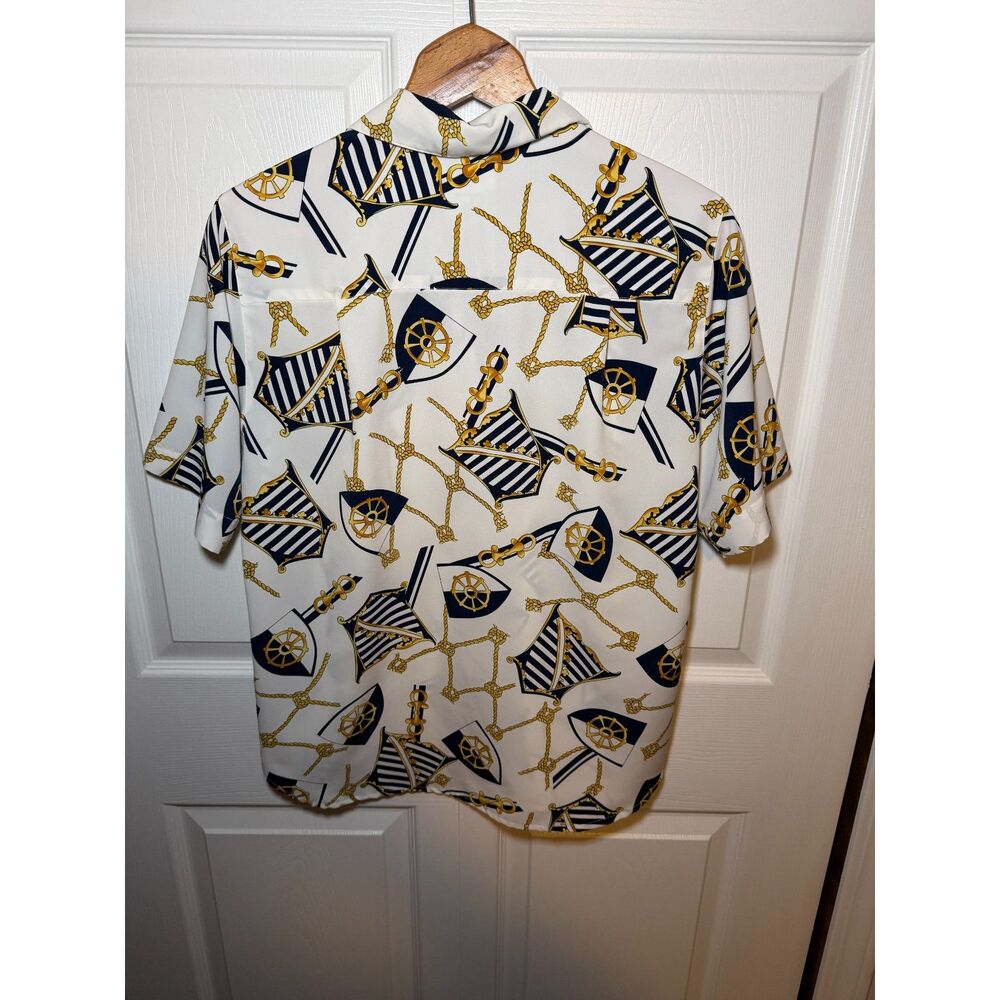 Talbots Nautical Sailboat Rope Print Button Front Blouse Women's Size 6 - Picture 2 of 4